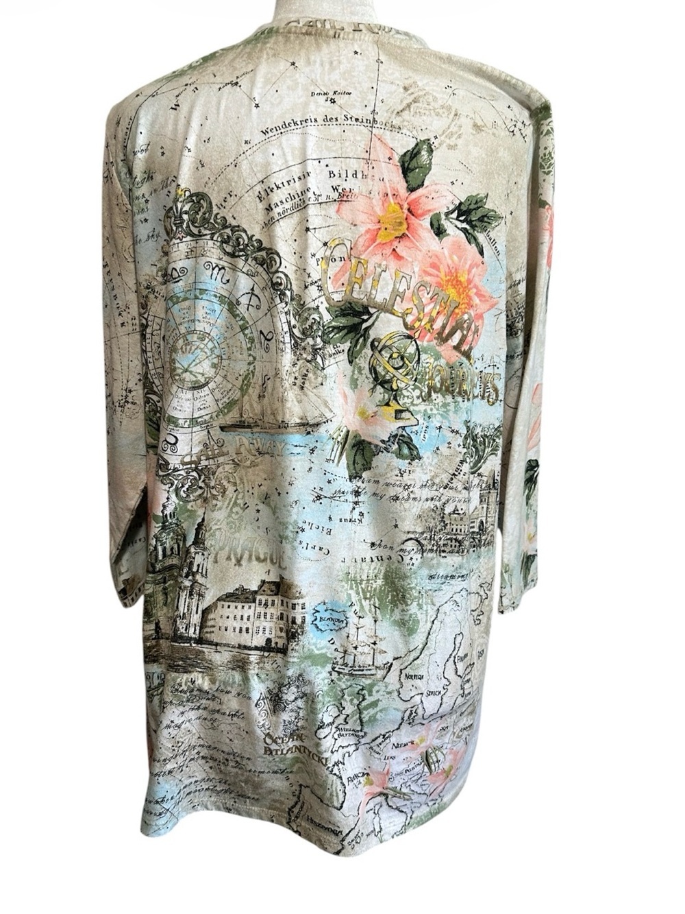 Alia Cream Floral Map-Print V-Neck Top size L/G - Picture 3 of 6